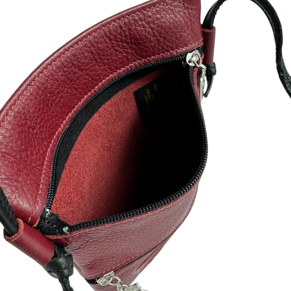 Vintage Red Genuine Pebbled Leather Crossbody Passport Pouch with Raven Design - Picture 9 of 10
